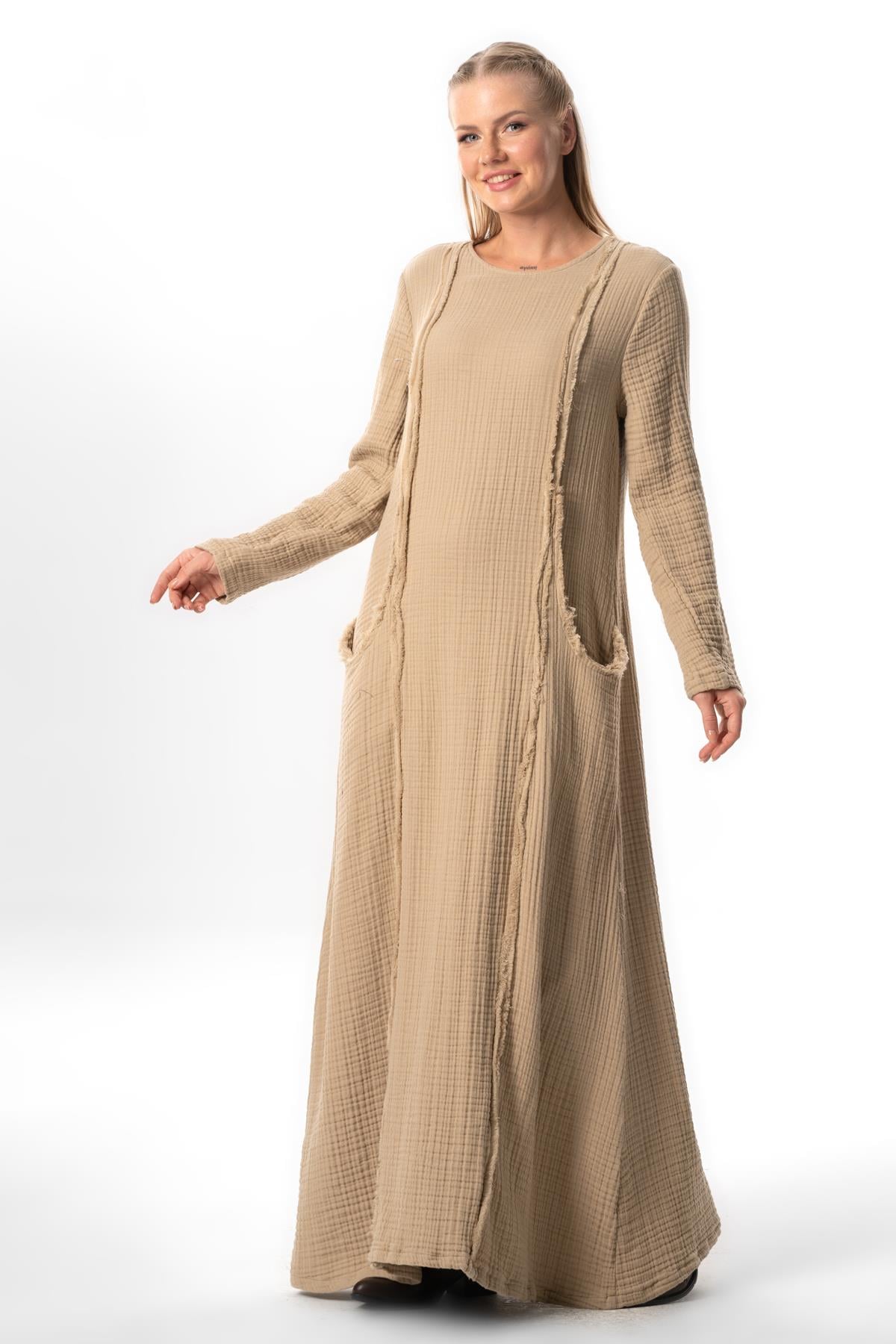 Long Sleeve Nazlı Side Double Pockets Autumn-Winter Authentic Double Muslin Long Dress Mink