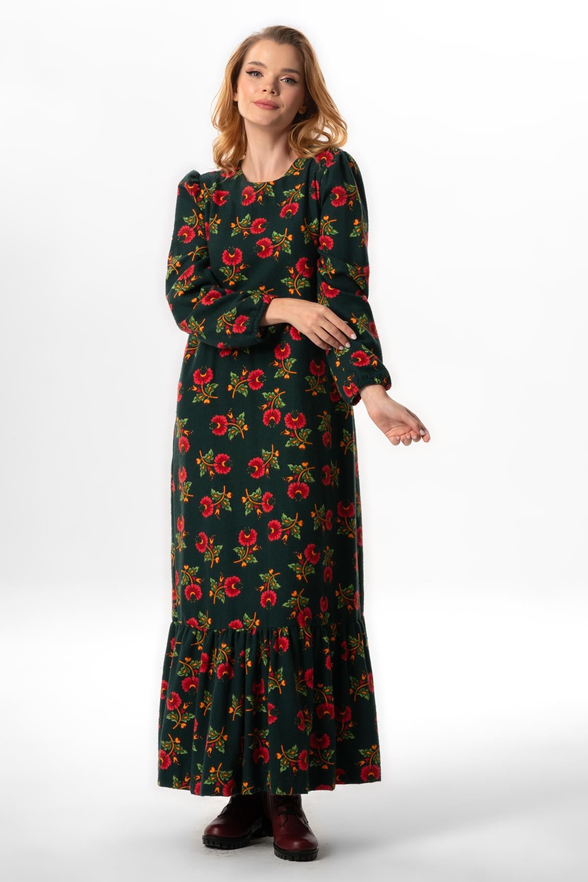Long Sleeve Nergis Flannel Autumn and Winter Lily Pattern Long Dress Petrol