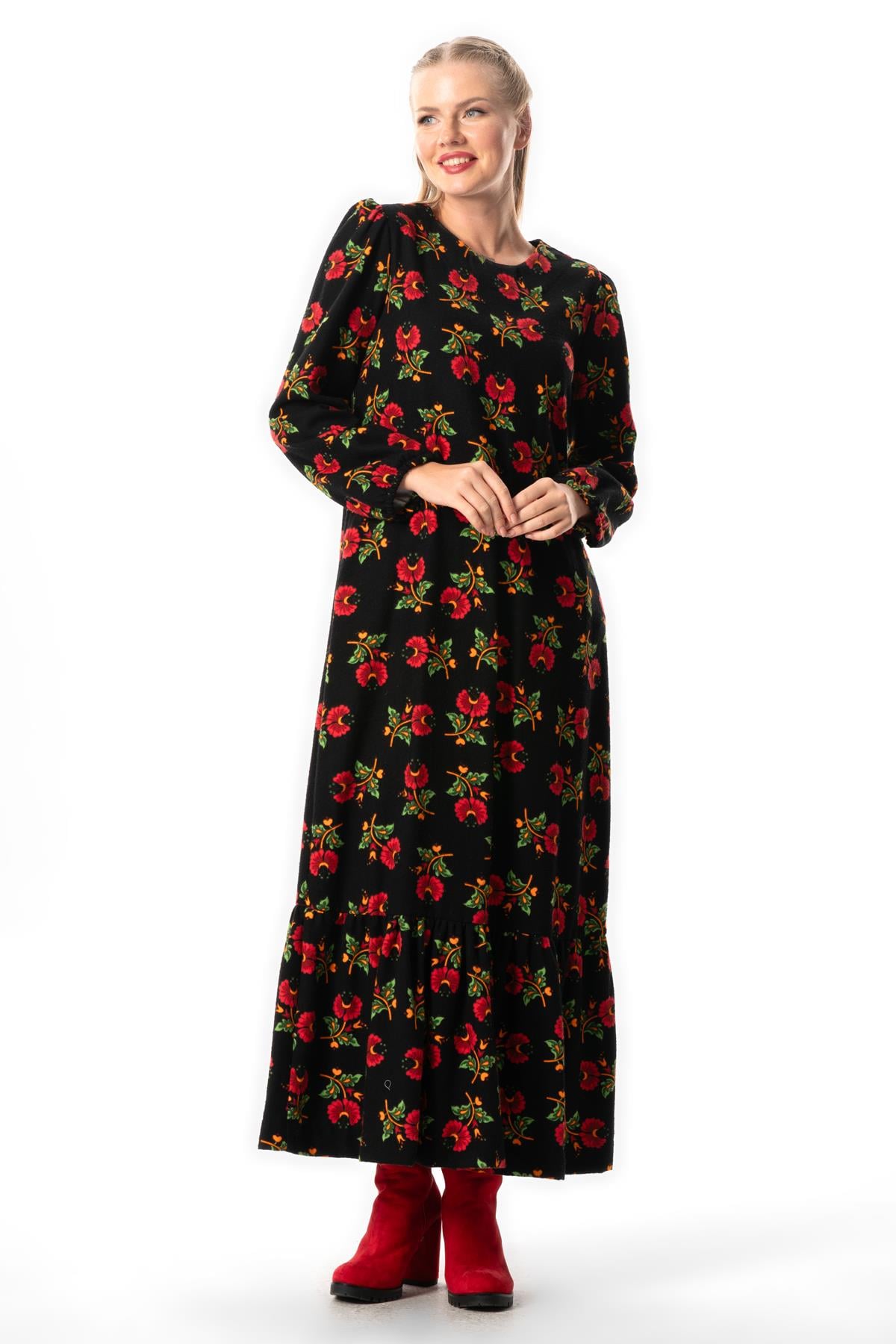 Long Sleeve Nergis Flannel Autumn and Winter Lily Pattern Long Dress Black