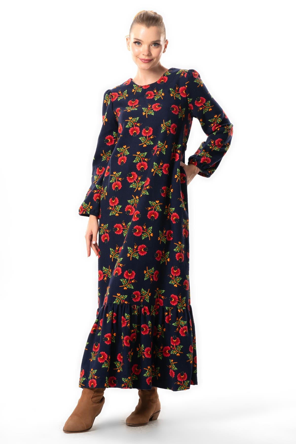 Long Sleeve Nergis Flannel Autumn and Winter Lily Pattern Long Dress Navy Blue