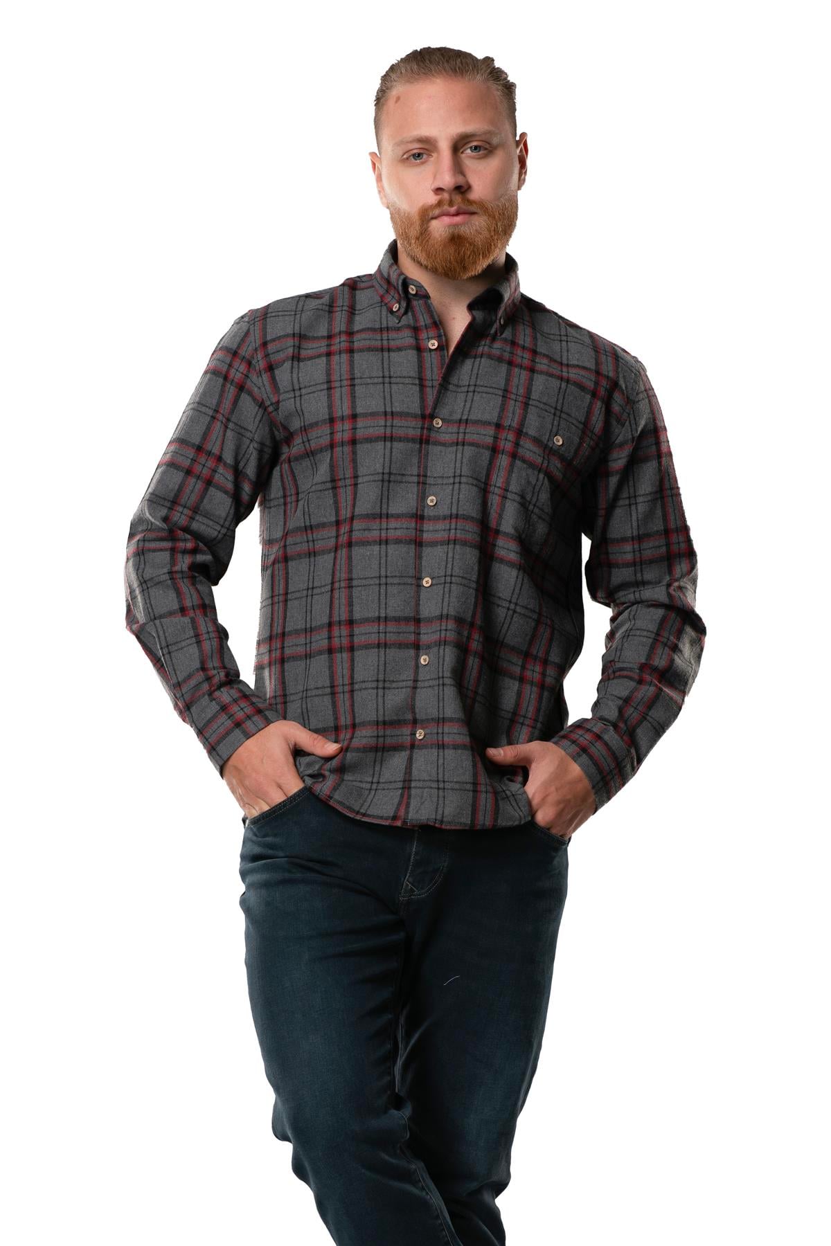 Long Sleeve Lumberjack Men's Flannel Fall and Winter Shirt Black Burgundy Plaid 4046