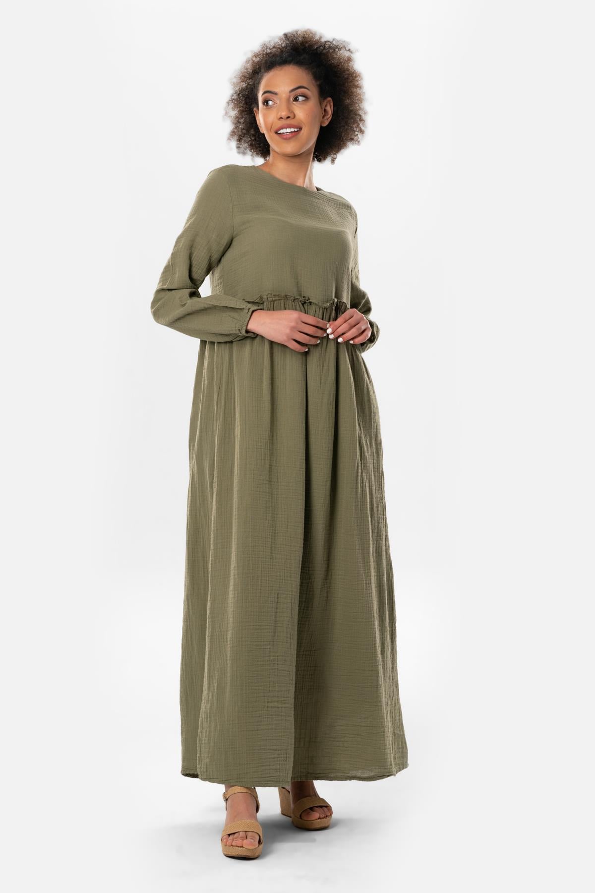 Long Sleeve Oylum Robe Long Summer Muslin Dress Khaki