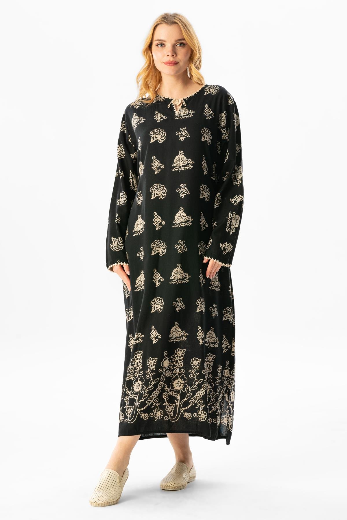 Uzun Kol Pamuk Taş Baskı Çıtır Desen Yazlık Etnik Elbise Siyah Syh