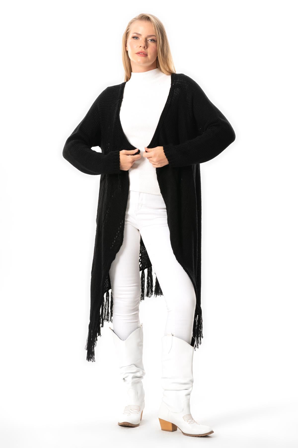 Long Sleeve Parla Button Detailed Fall and Winter Fringed Sweater Cardigan Black