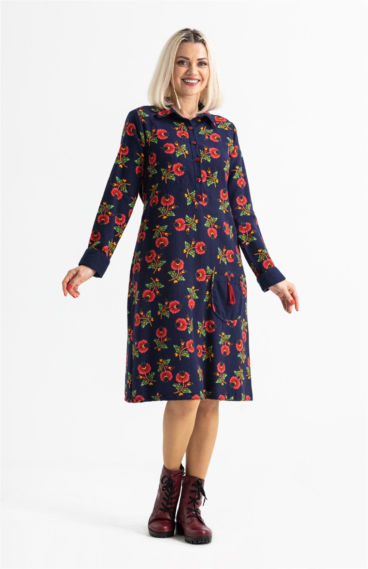 Uzun Kol Pazen Çiçek Desen Midi Boy Şirin Elbise Lacivert Lcvt