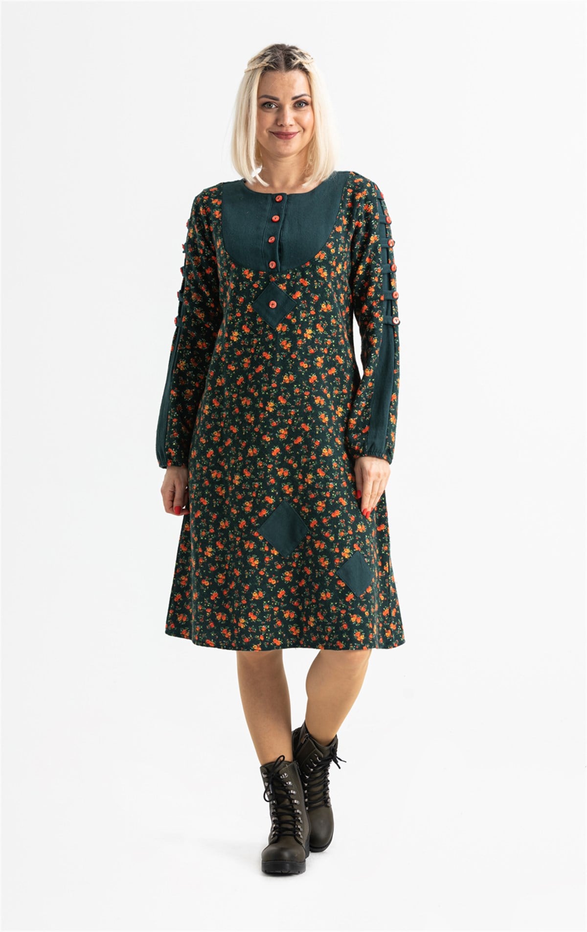 Long Sleeve Flannel Eftelya Crispy Pattern Midi Length Dress Petrol