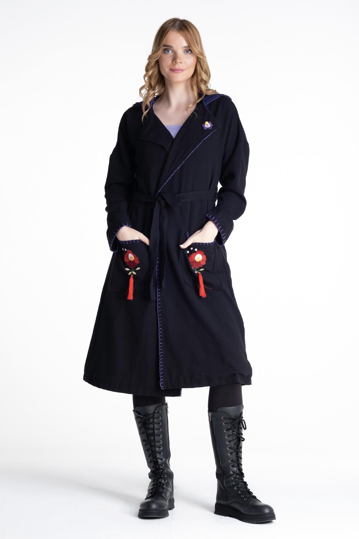 Long Sleeve Flannel Ela Double Pocket Belt Detailed Autumn and Winter Jacket Black