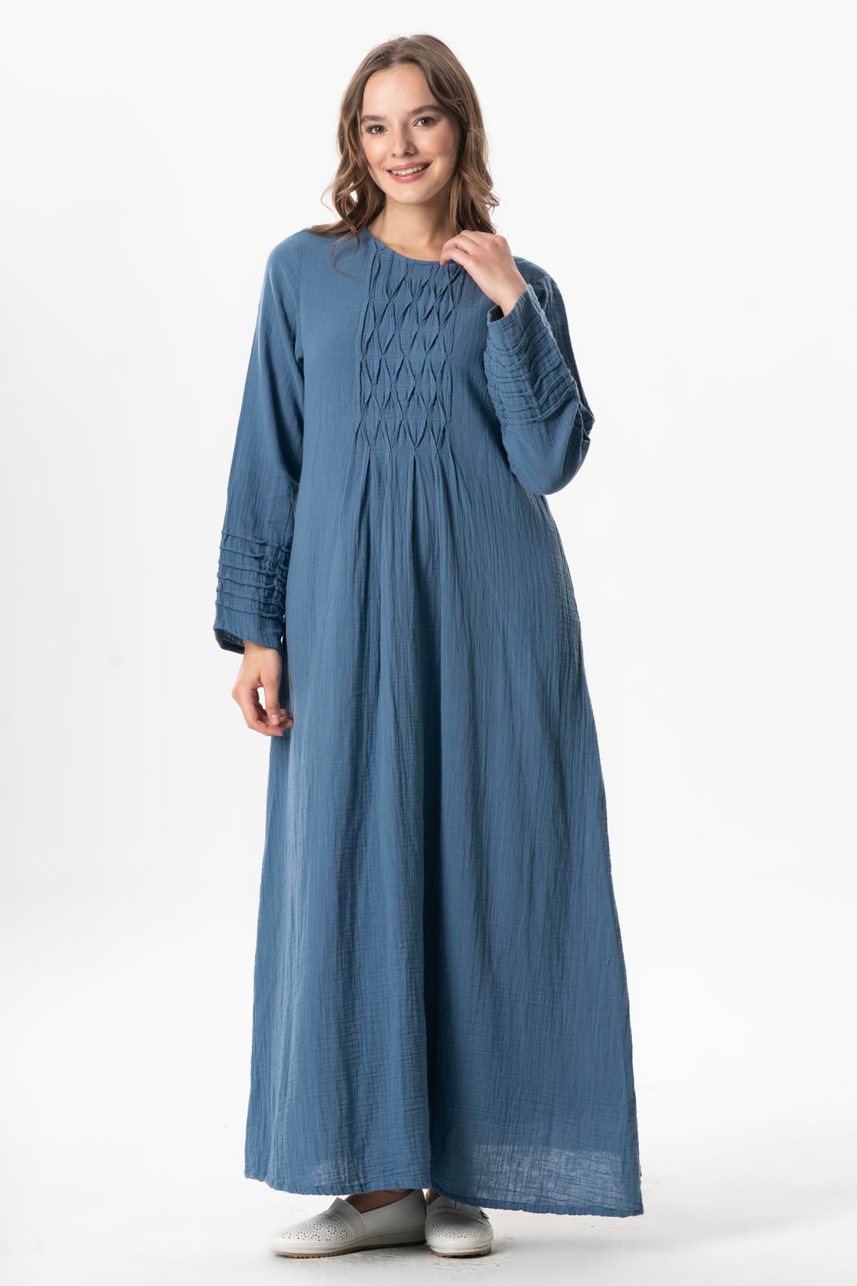 Long Sleeve Şahika Ribbed Detail Long Muslin Summer Dress İndigo