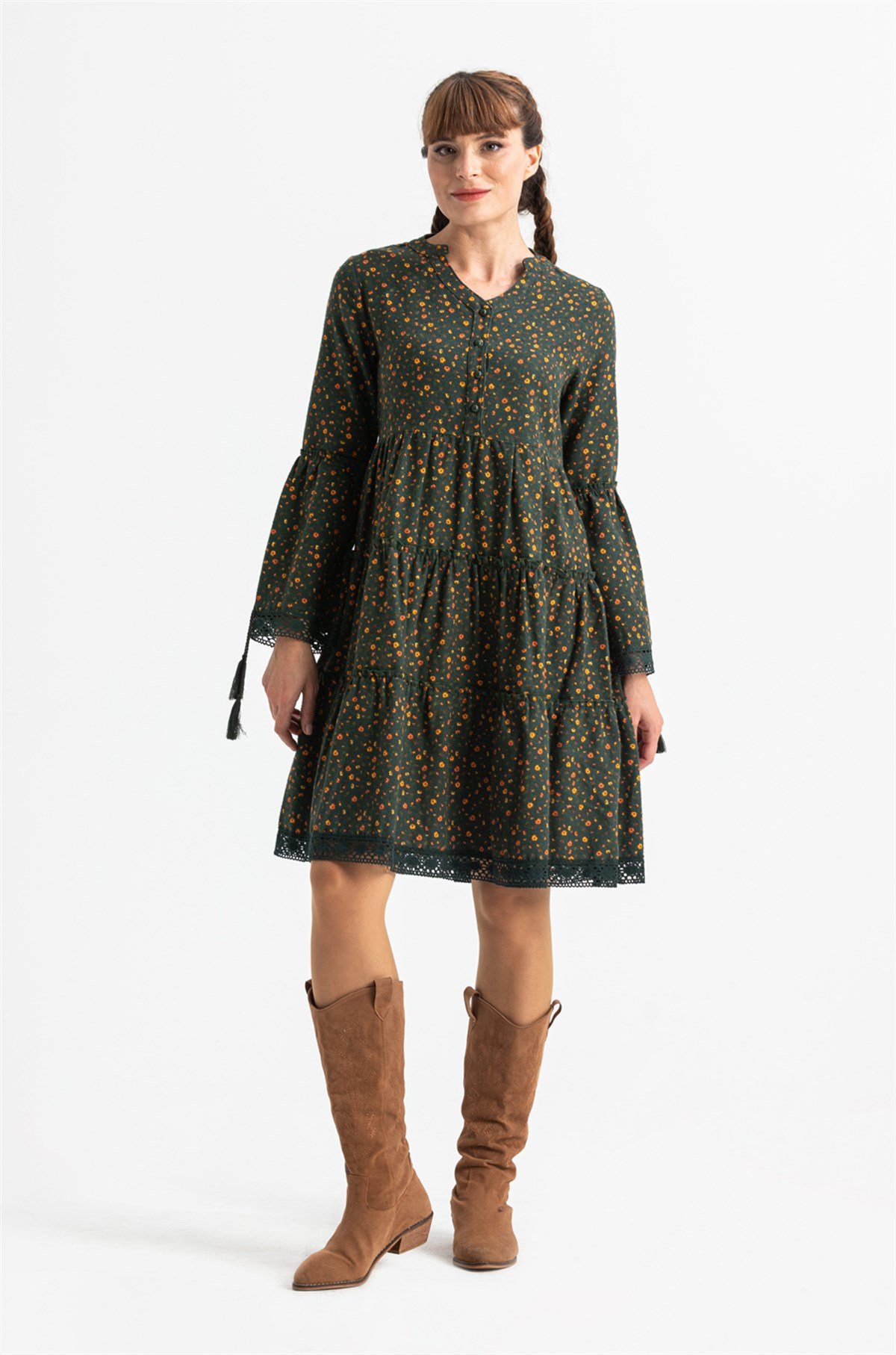 Uzun Kol Seçil Pazen Kısa Elbise Çıtır Desen Haki Hk