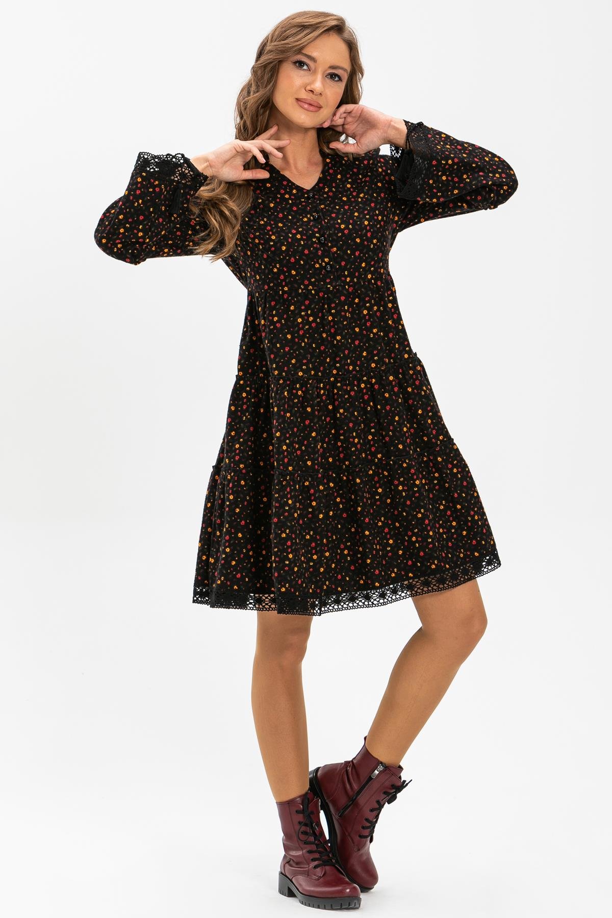 Uzun Kol Seçil Pazen Kısa Sonbahar ve Kışlık Elbise Çıtır Desen Siyah Syh