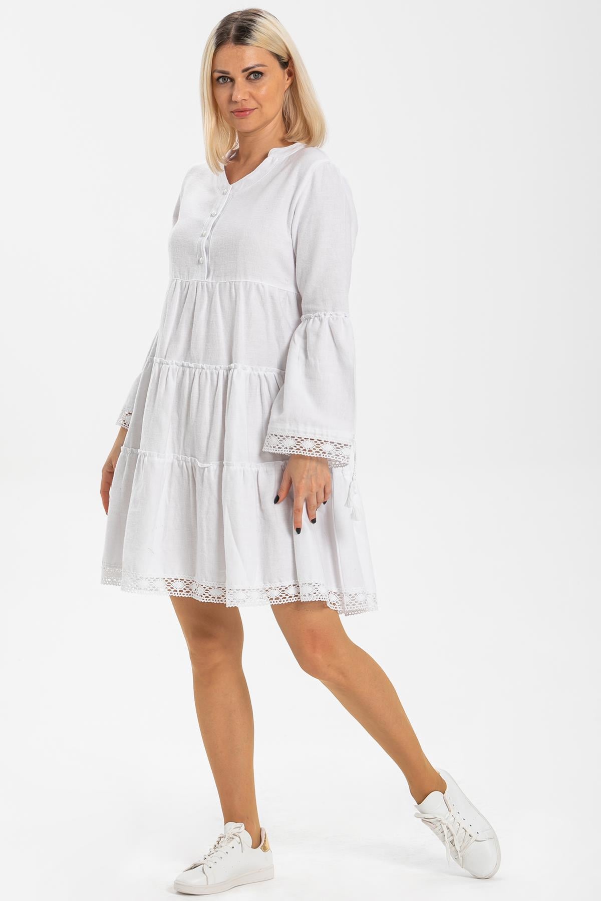 Long Sleeve Flannel Fabric Seçil Short Dress White