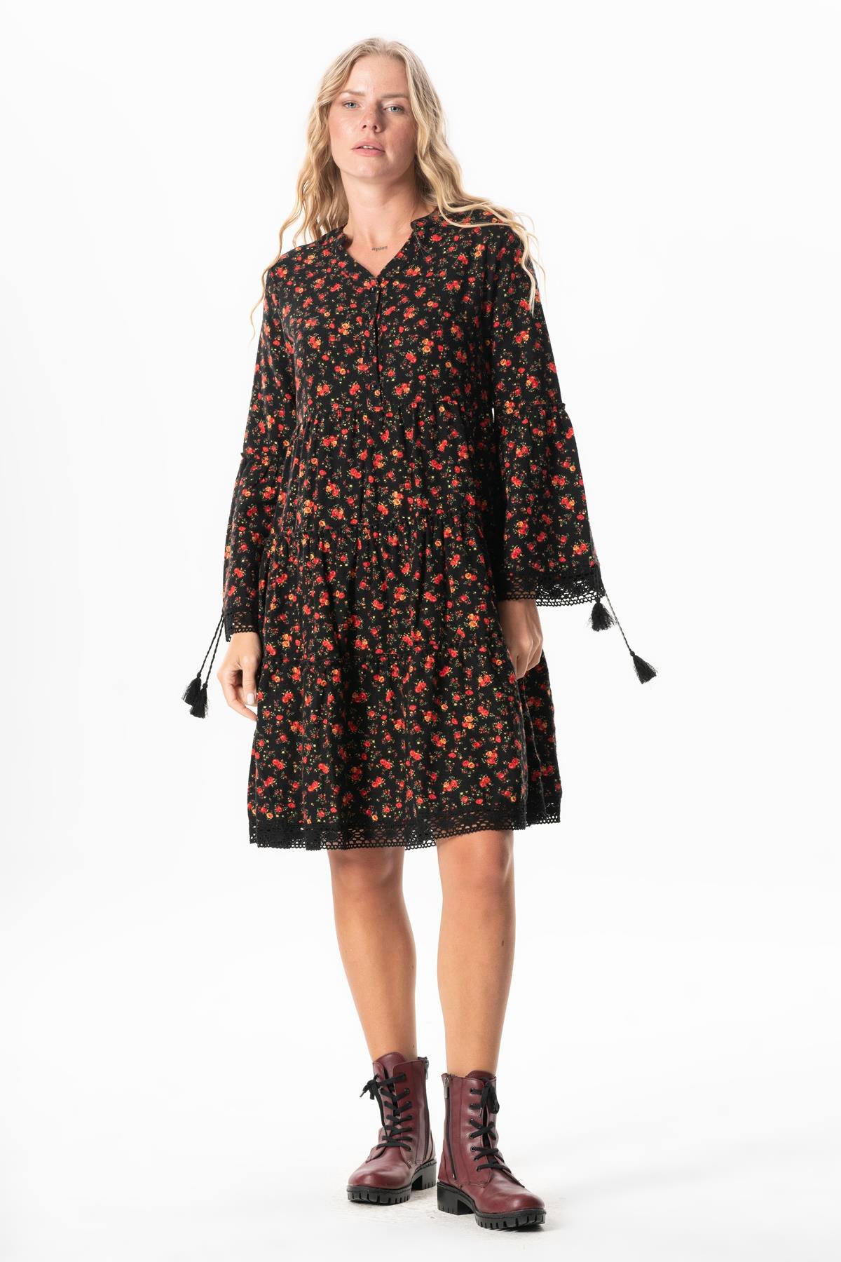 Uzun Kol Seçil Pazen Sonbahar ve Kışlık Kısa Elbise Gül Desen Siyah Syh