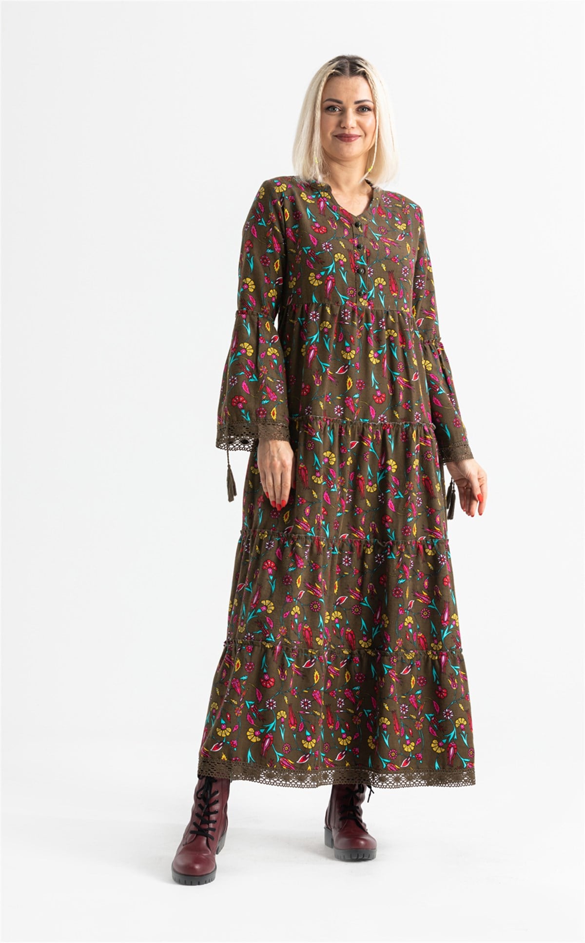Seçil Flannel Fabric Long Dress Çini Pattern Green