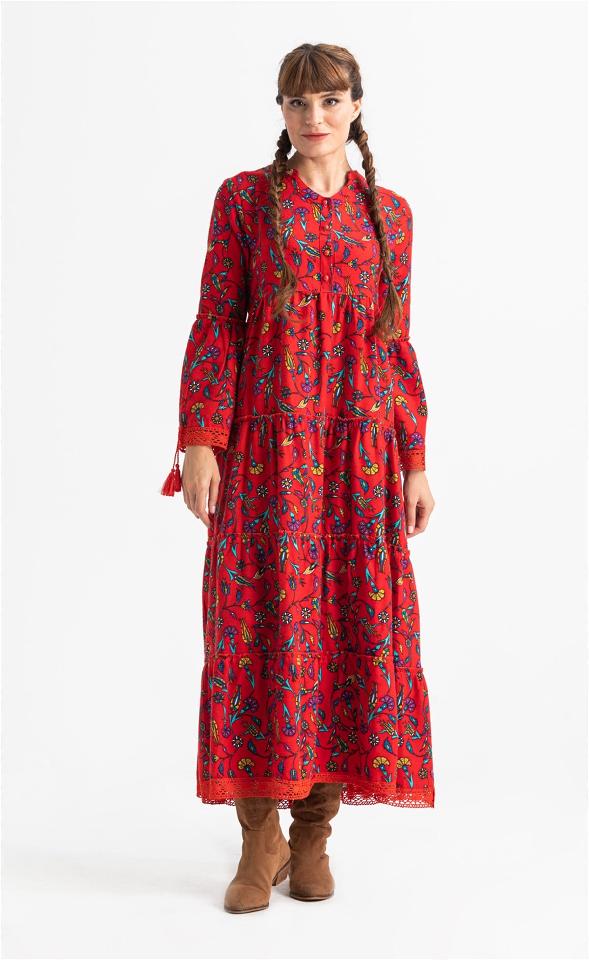 Seçil Flannel Fabric Long Dress Çini Pattern Red