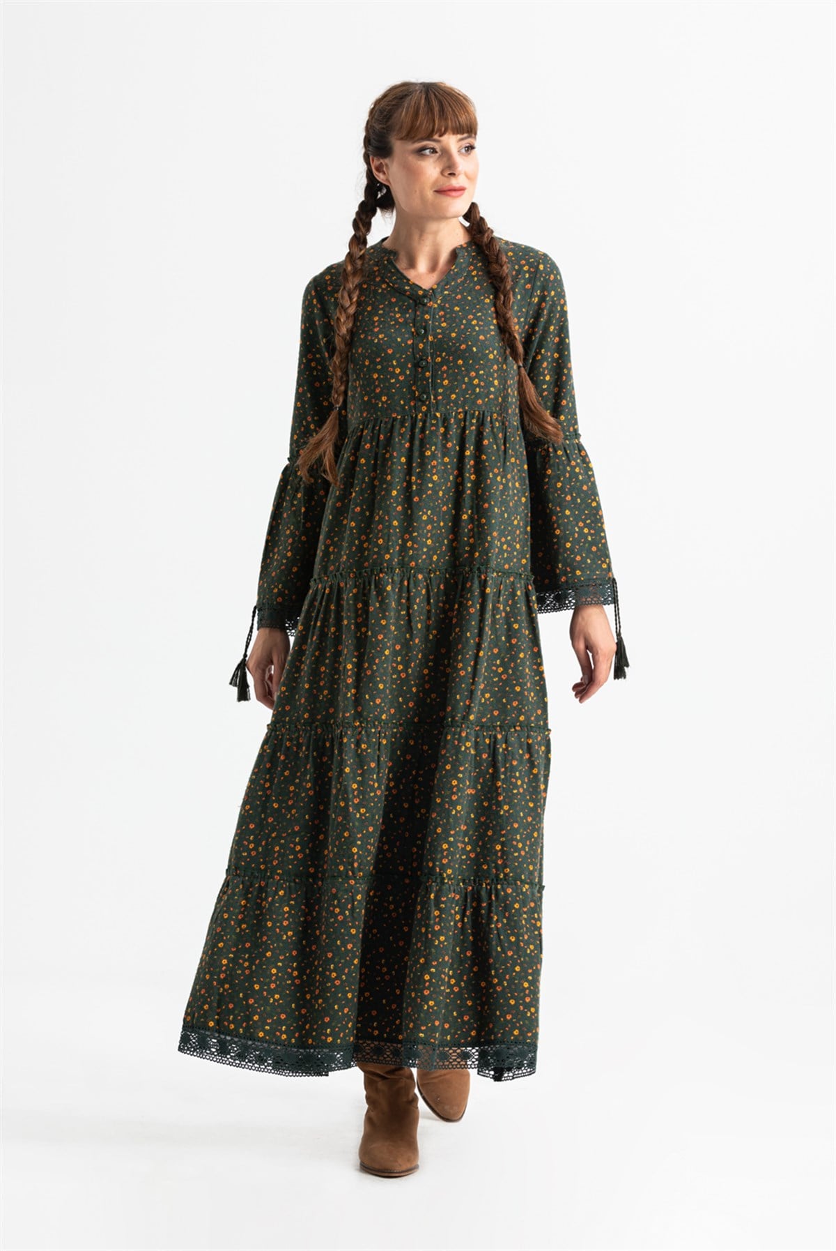 Seçil Flannel Fabric Long Dress Çıtır Pattern Khaki