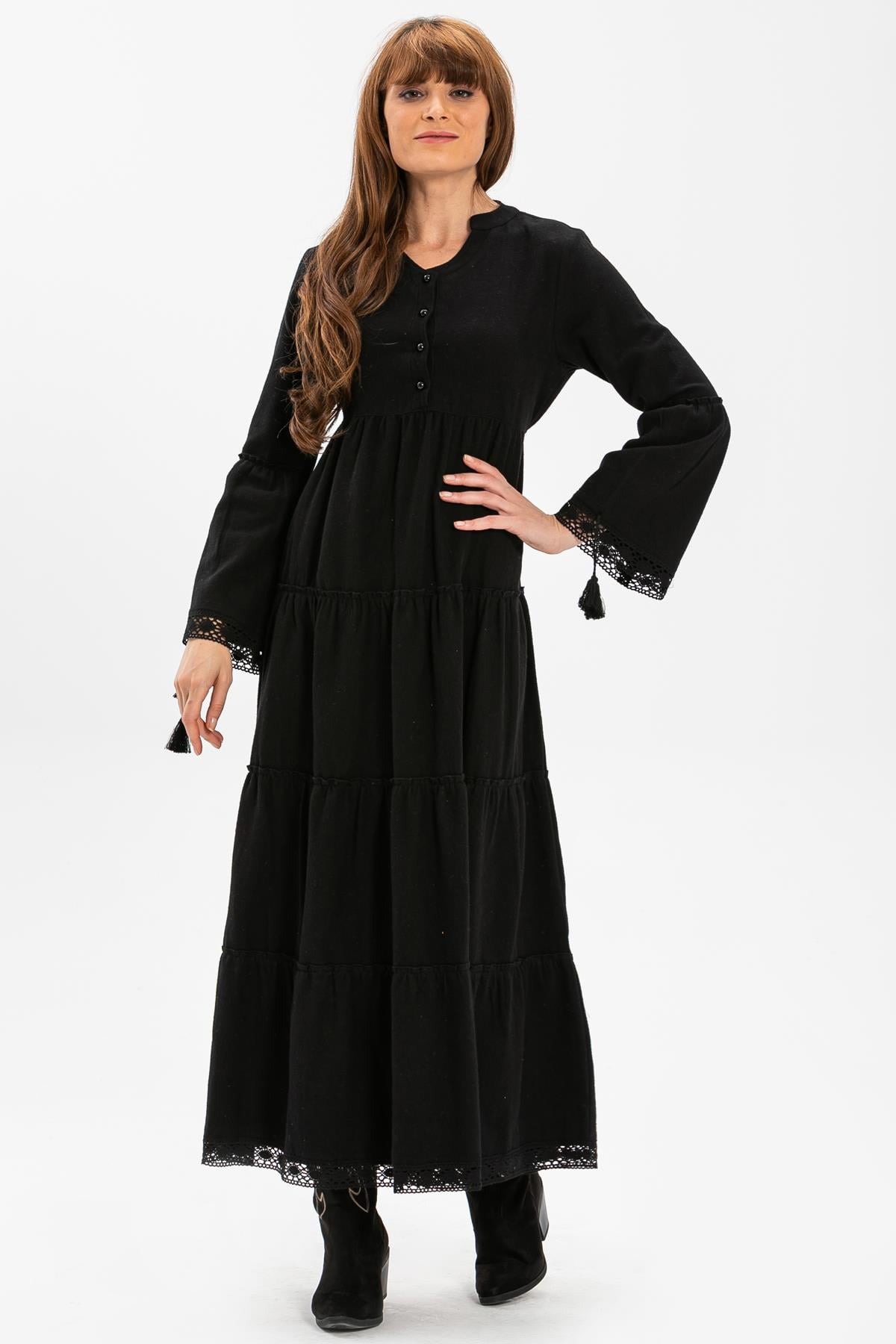 Long Sleeve Flannel Seçil Long Dress Black