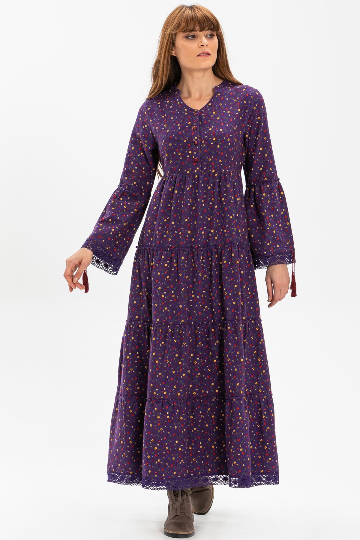 Long Sleeve Flannel Seçil Long Dress Crispy Pattern Purple