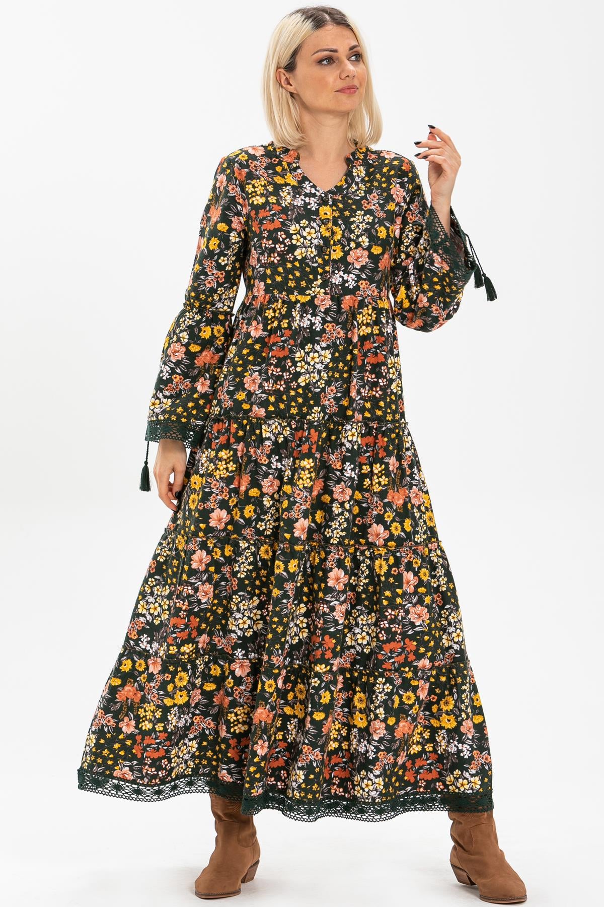 Long Sleeve Flannel Seçil Long Dress Spring Pattern Green