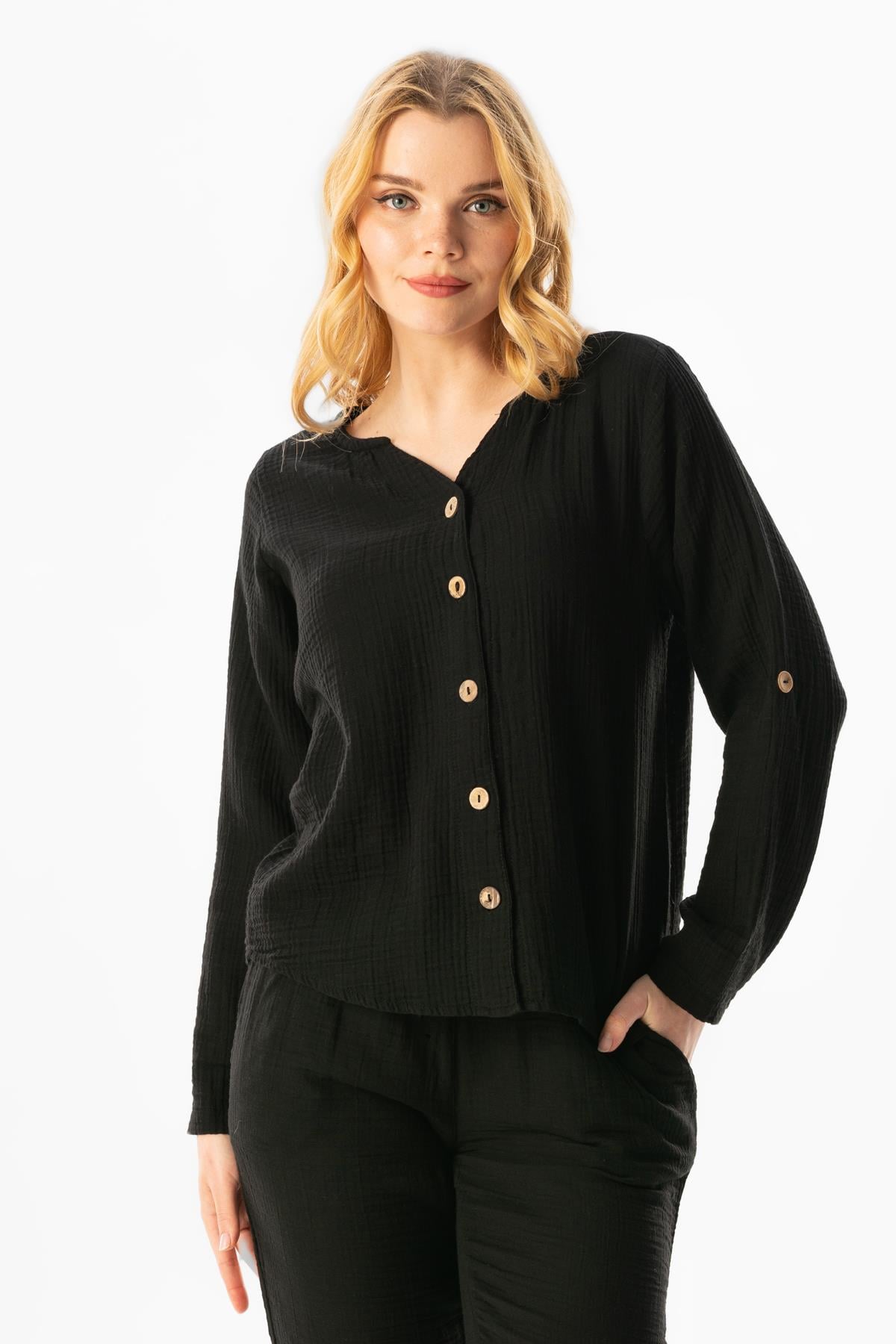 Long Sleeve Muslin Sedef Shirt Black