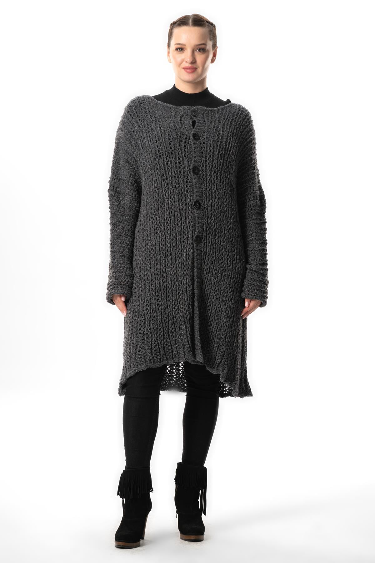 Long Sleeve Şehrazat Button Detailed Autumn and Winter Long Sweater Cardigan Smoked