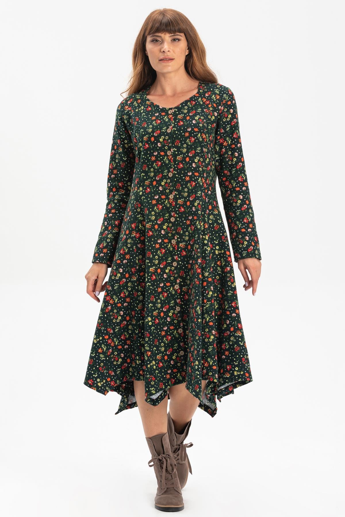 Long Sleeve Flannel Selvi Dress Floral Pattern Green