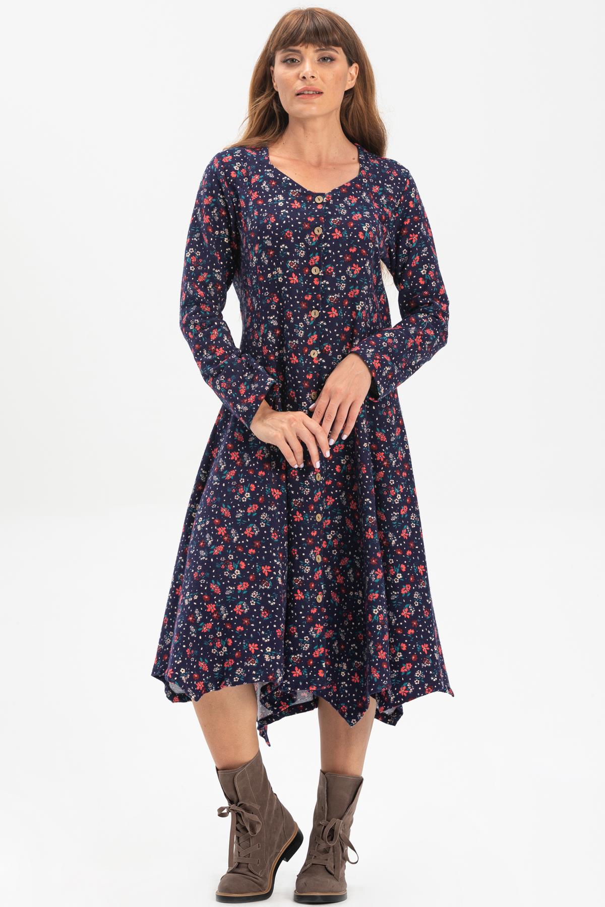 Long Sleeve Flannel Selvi Dress Floral Pattern Navy Blue