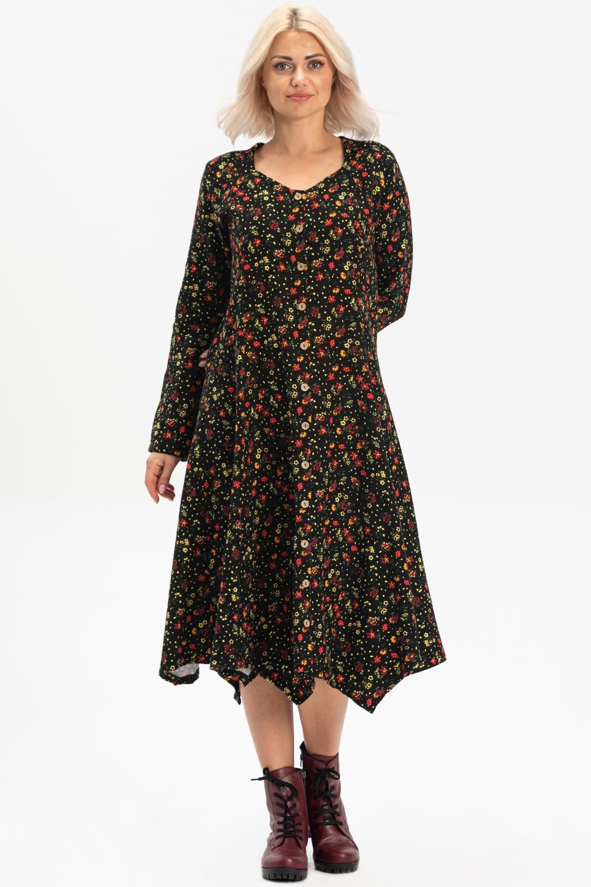 Long Sleeve Flannel Selvi Dress Floral Pattern Black