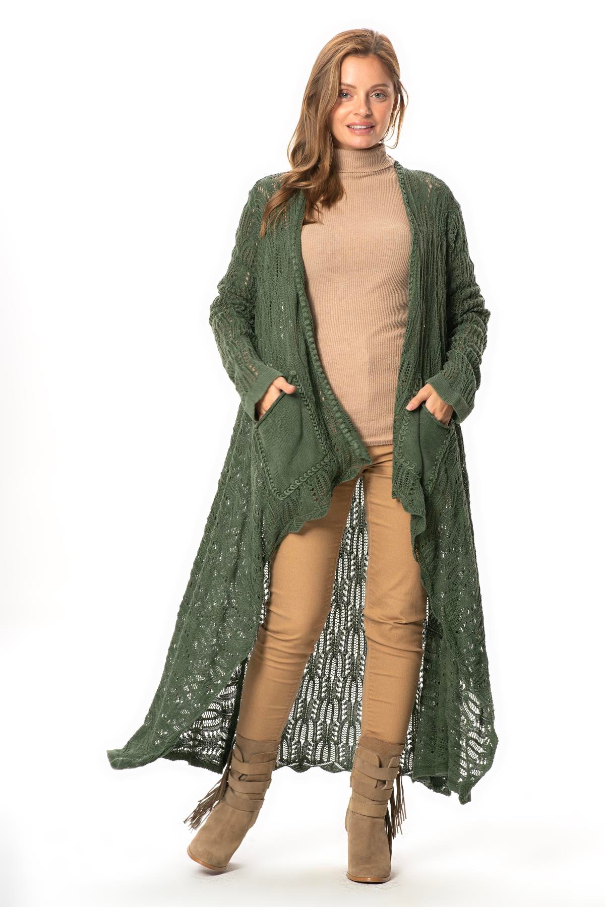 Uzun Kol Sena Asimetrik Kesim Sonbahar ve Kışlık Salaş Cepli Triko Hırka Haki Hk