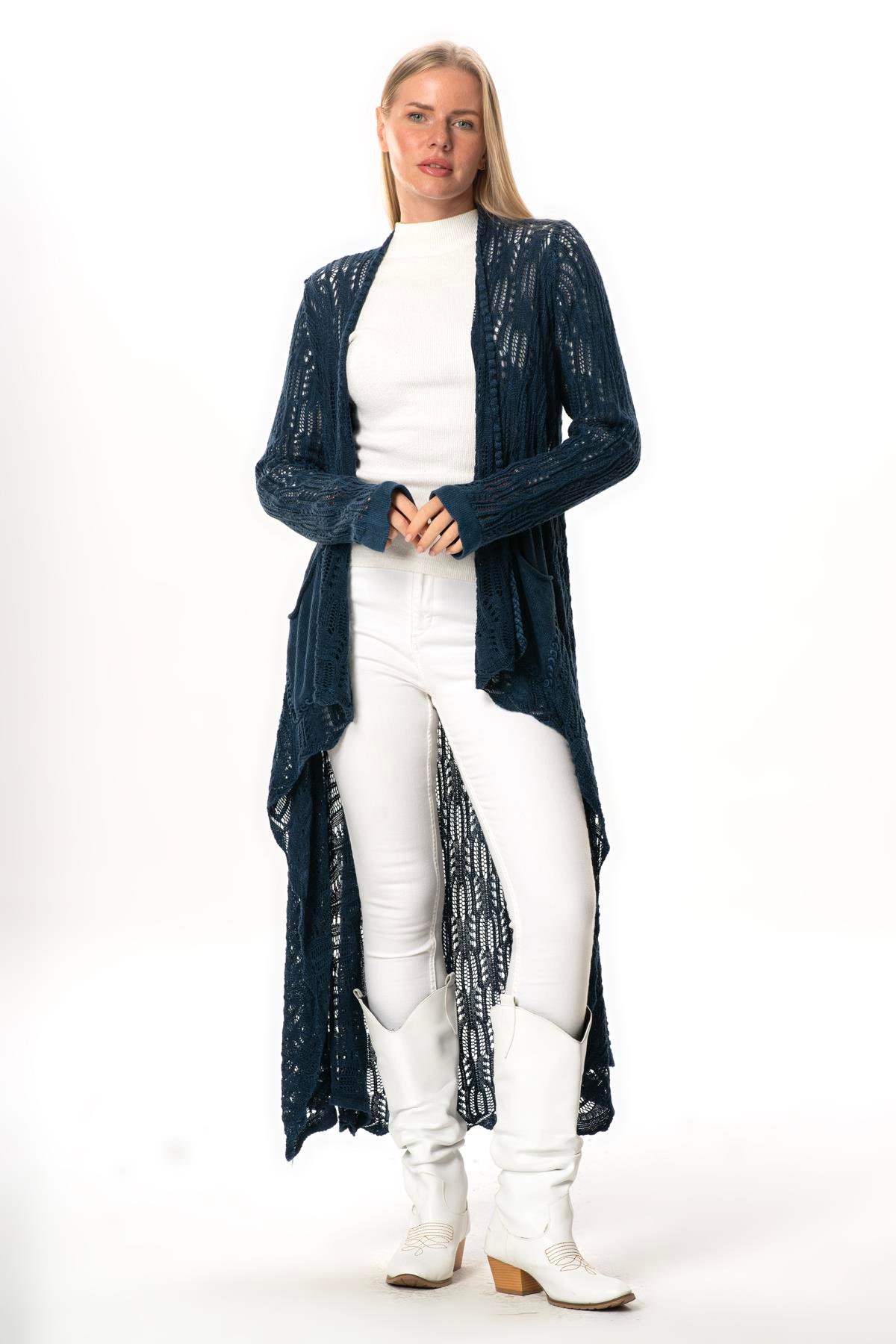 Uzun Kol Sena Asimetrik Kesim Sonbahar ve Kışlık Salaş Cepli Triko Hırka İndigo indg