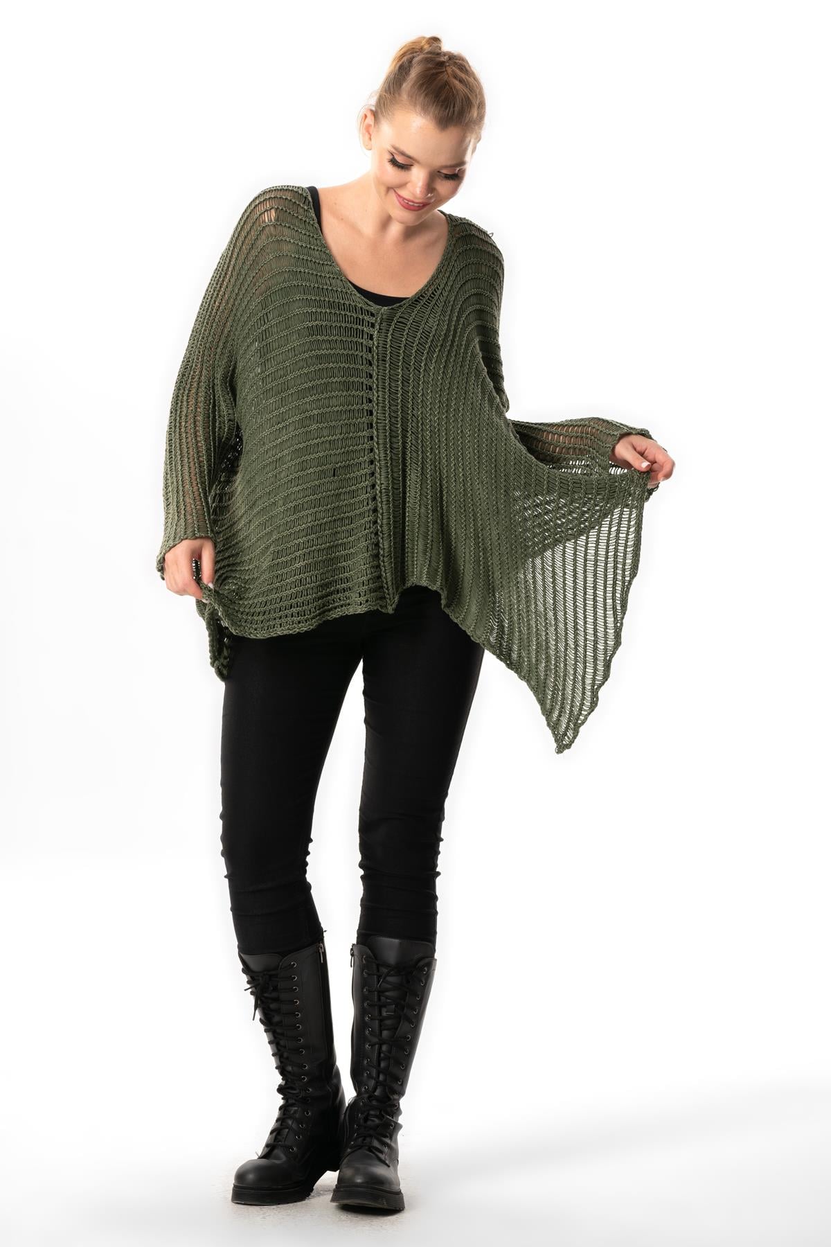 Long Sleeve Şevval Wide Collar Openwork Autumn and Winter Shabby Authentic Sweater Blouse Khaki