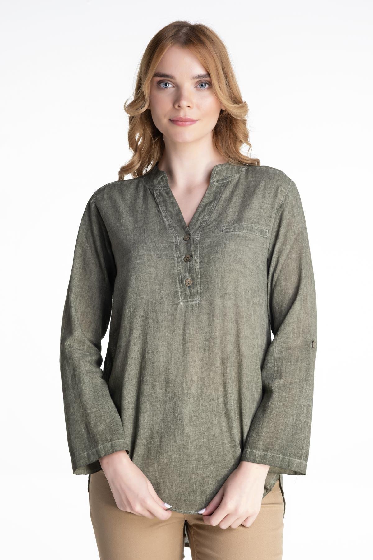 Uzun Kol Şile Bezi Akasya Bluz Haki Hk