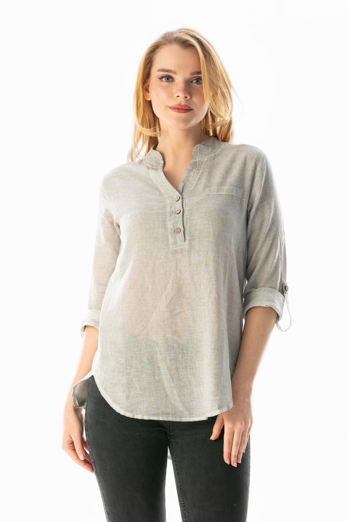Uzun Kol Şile Bezi Akasya Yazlık Bluz Gri Gri