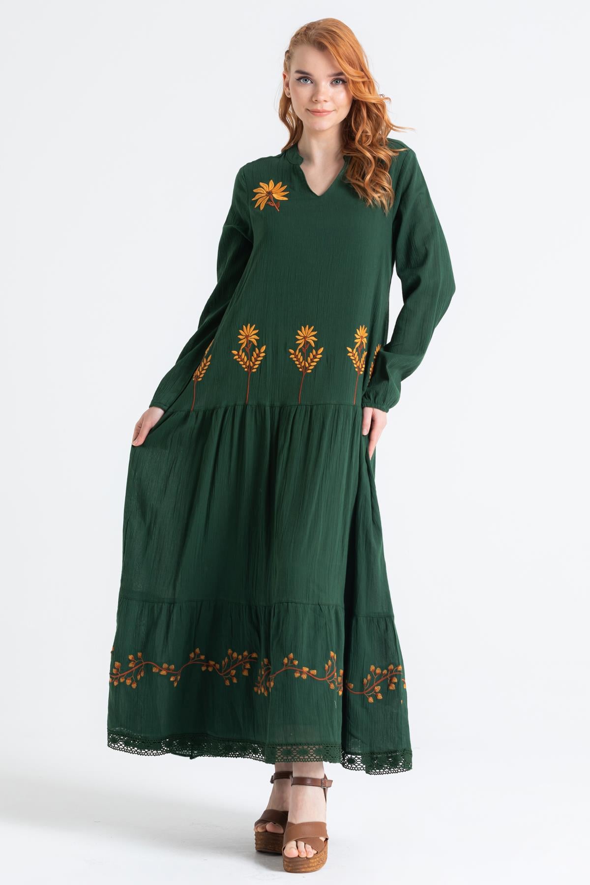 Long Sleeve Şile Cloth Aslı Embroidered Long Dress Green