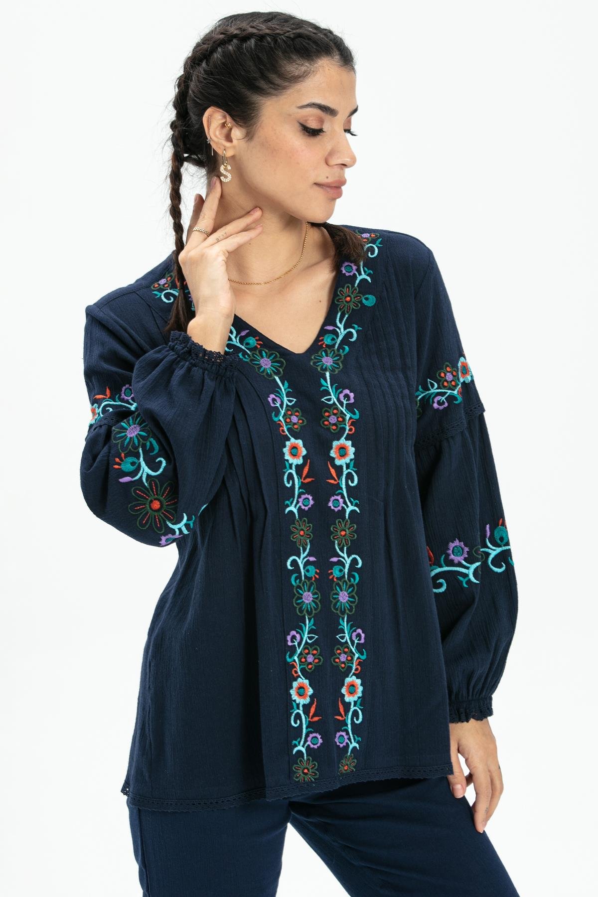 Uzun Kol Şile Bezi Ayşe Bluz Lacivert Lcvt