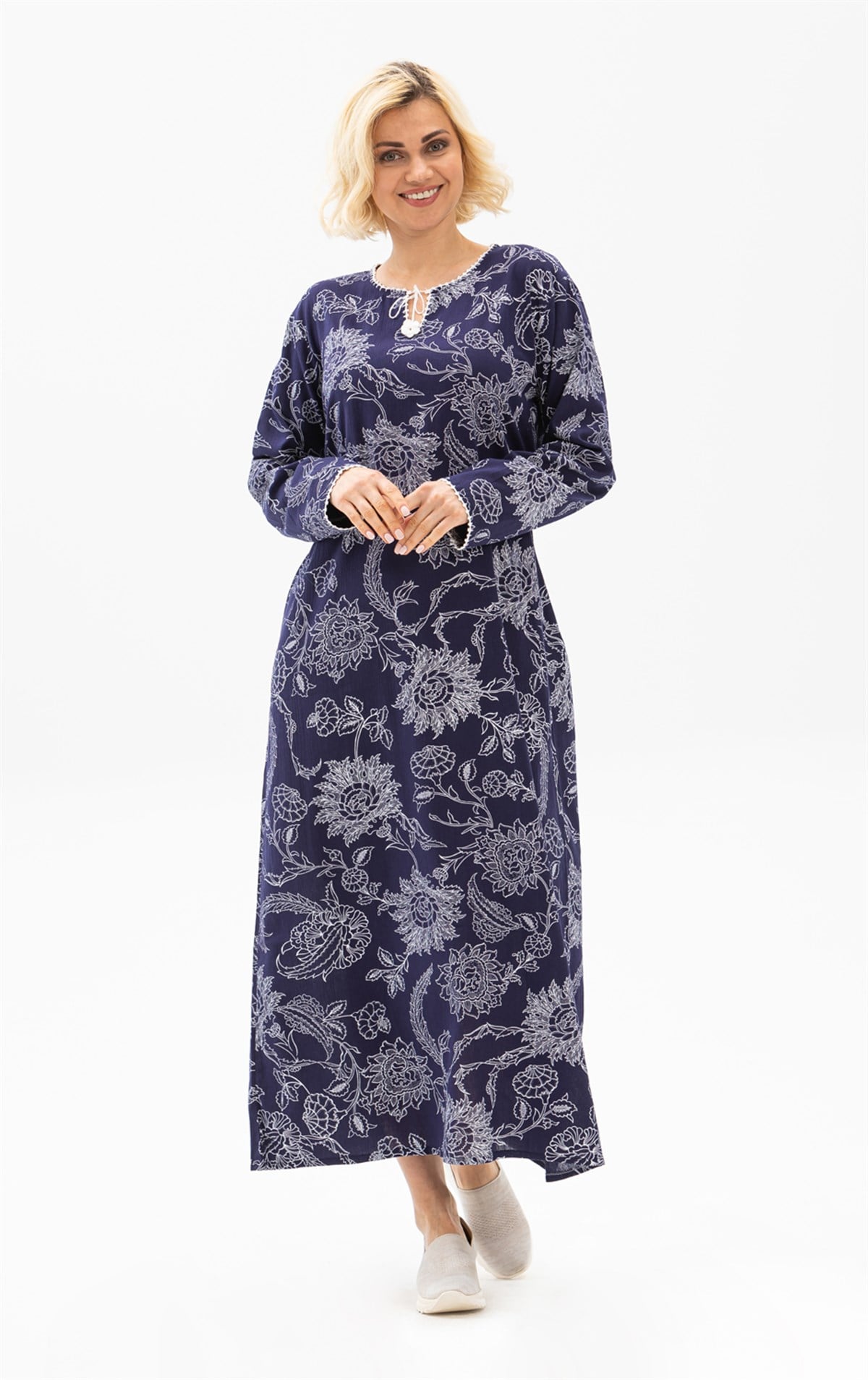 Long Sleeve Printed Dress Çınar Pattern Purple