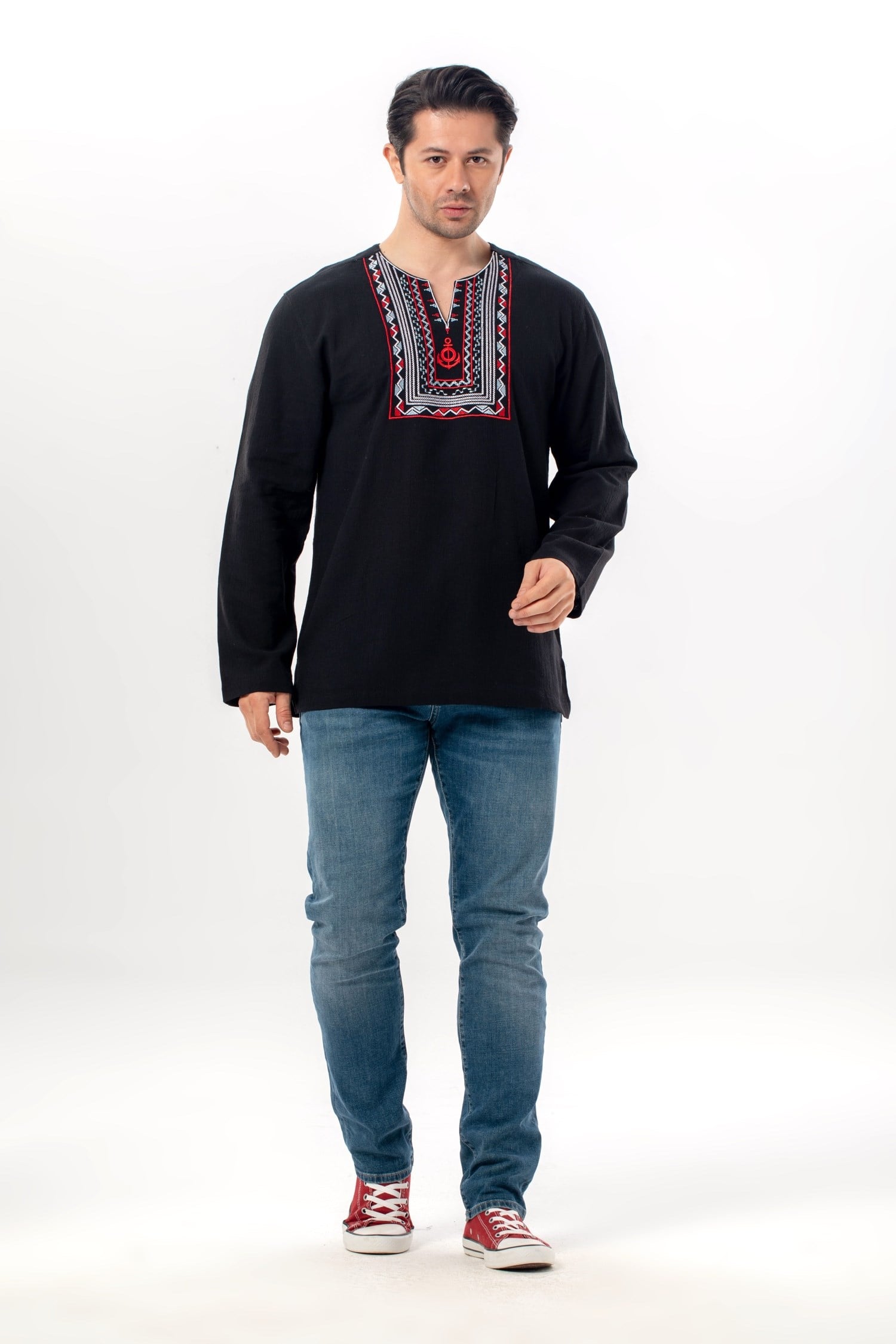 Uzun Kol Şile Bezi Bisiklet Yaka Bahriyeli Erkek Yazlık T-shirt Siyah 3003