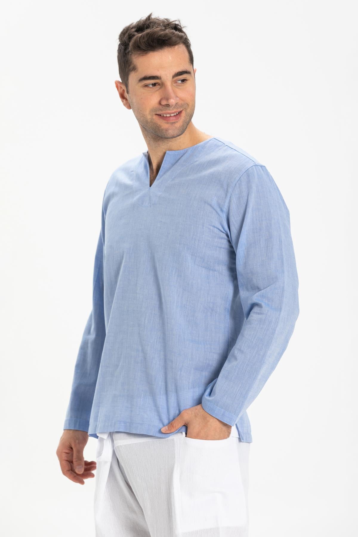 Long Sleeve Sile Fabric Bike Collar Men Tshirt Blue