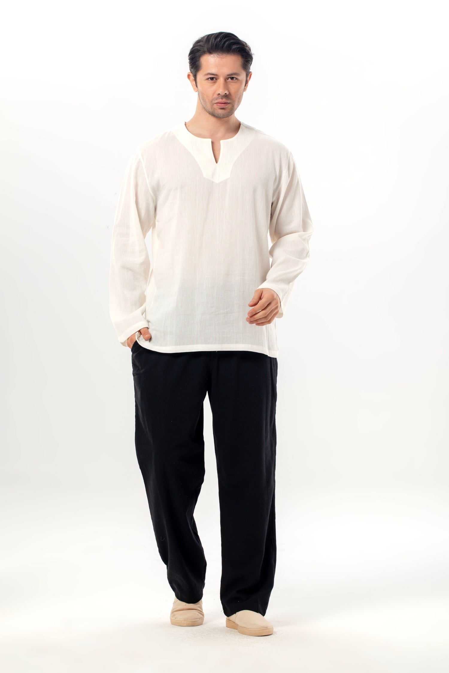 Long Sleeve Sile Fabric Bike Collar Men Tshirt Cream