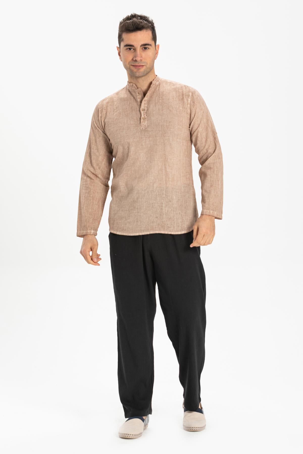 Long Sleeve Şile Fabric Bodrum Men's T-Shirt Brown 9010