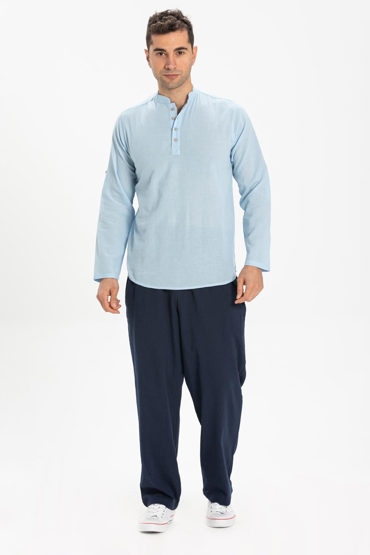 Long Sleeve Şile Fabric Bodrum Men's T-Shirt Ice Blu