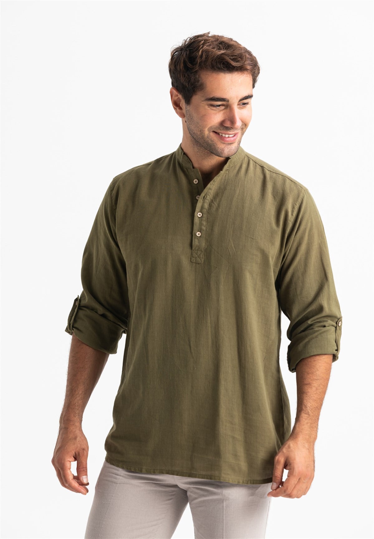 Long Sleeve Şile Fabric Bodrum Men's T-Shirt Plain Khaki 9004