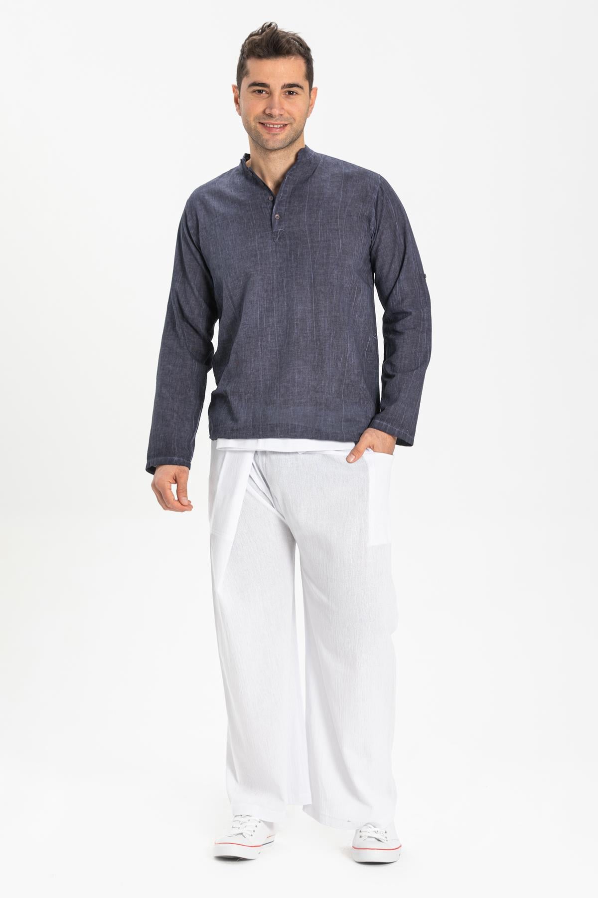 Long Sleeve Şile Fabric Bodrum Men's T-Shirt İndigo 9009