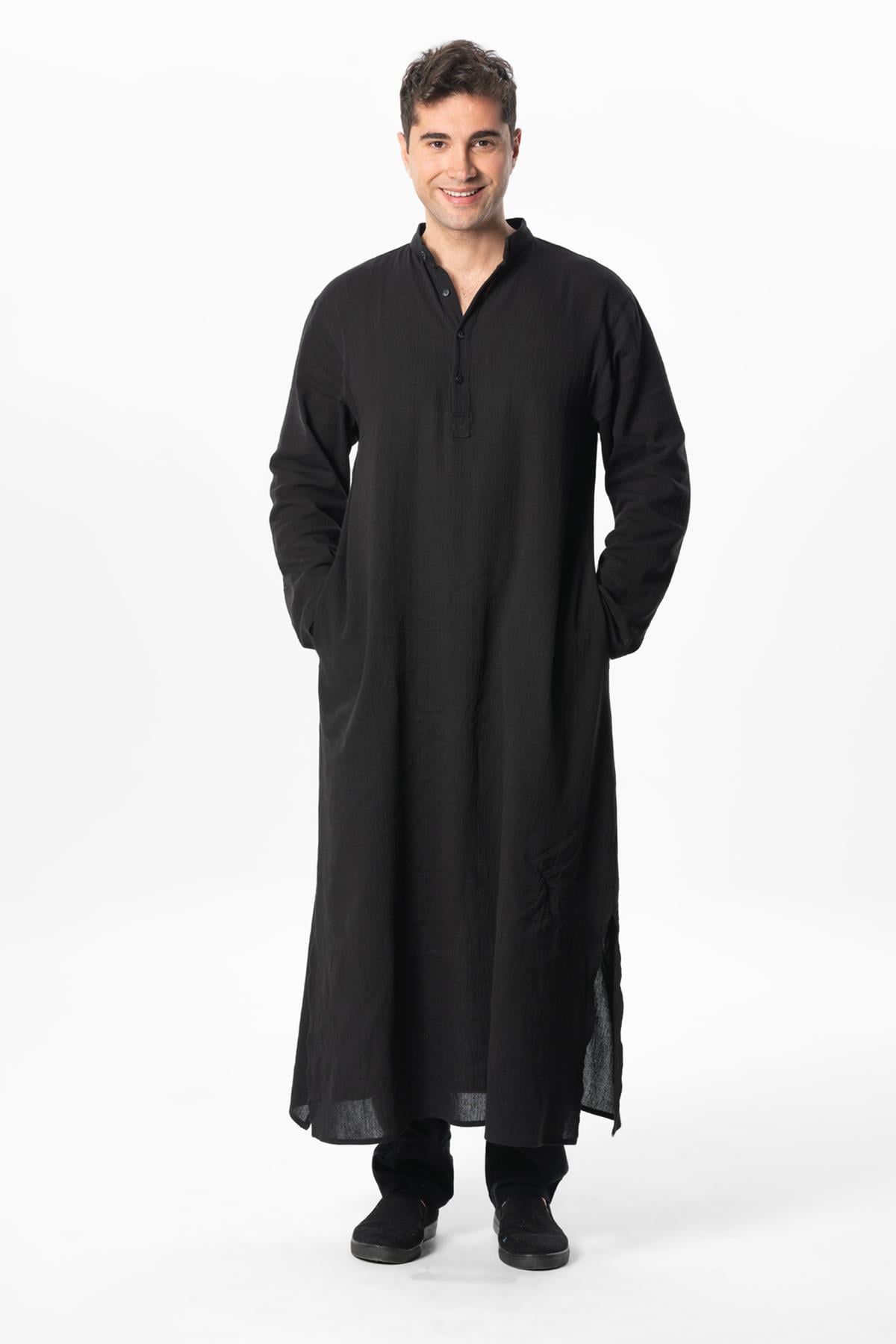 Long Sleeve Sile Fabric Men Hajj and Umrah Dress Black