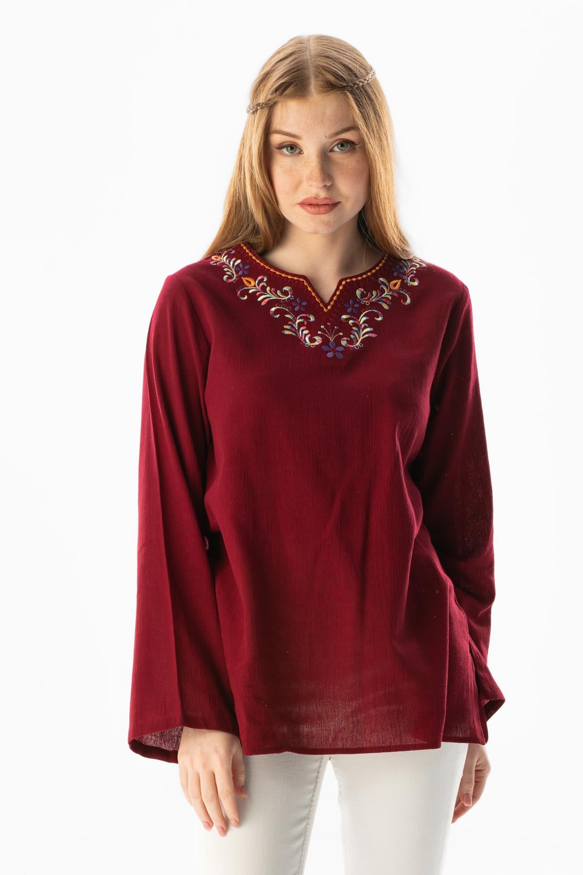 Long Sleeve Sile Fabric Gökkuşağı Embroidery Detailed Summer Blouse Burgundy 