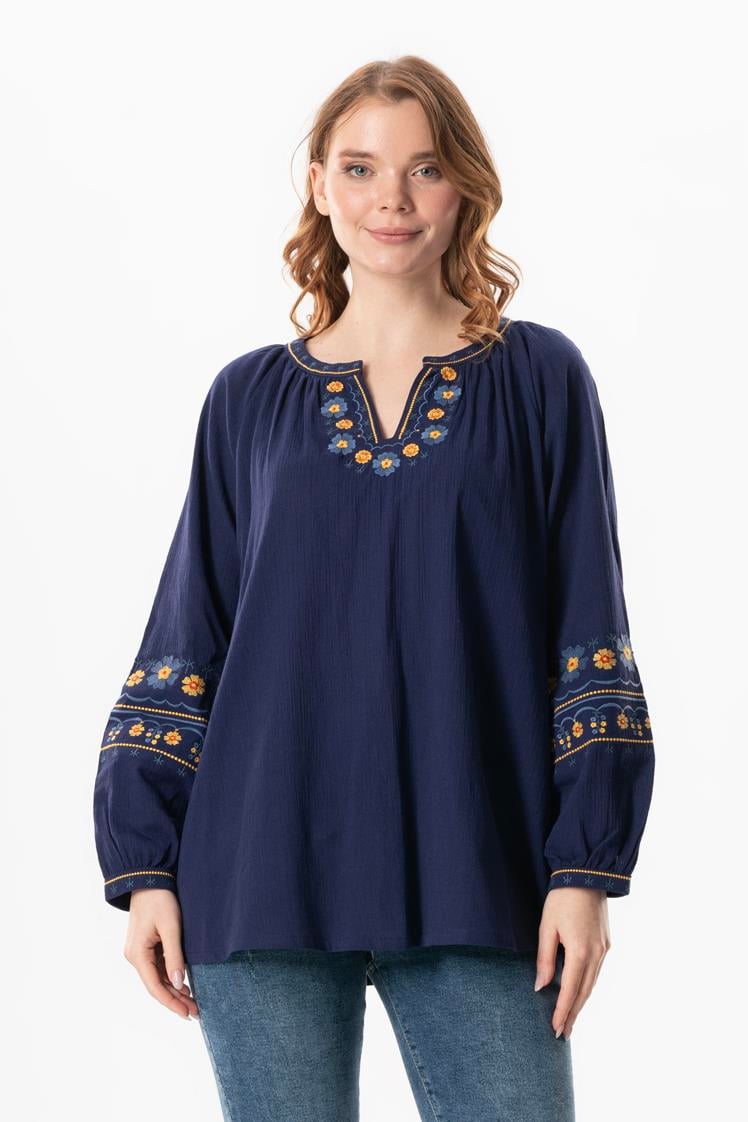 Long Sleeve Sile Cloth Gülruh V-Neck Embroidered Blouse Purple