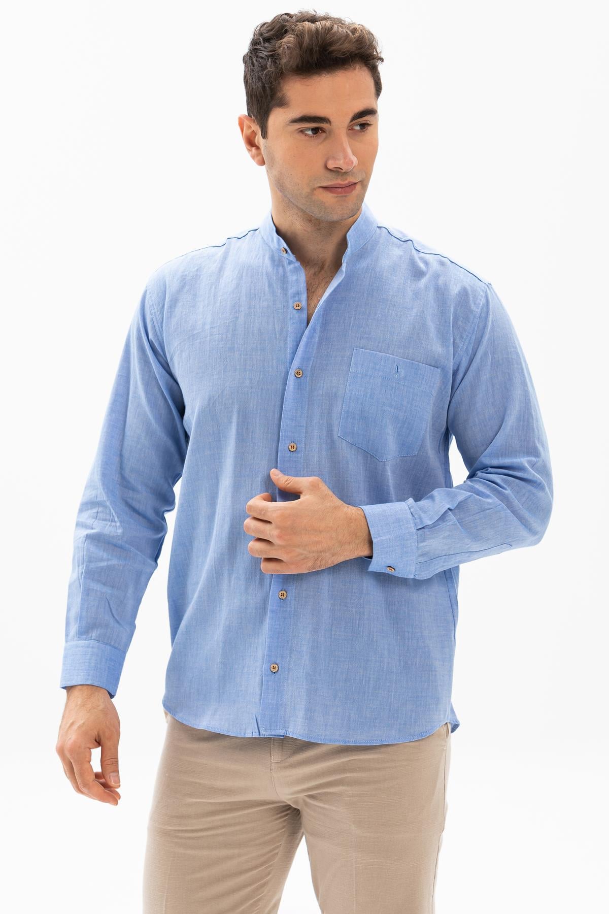 Long Sleeve Sile Fabric Judge  Collar Men Shirt Blue