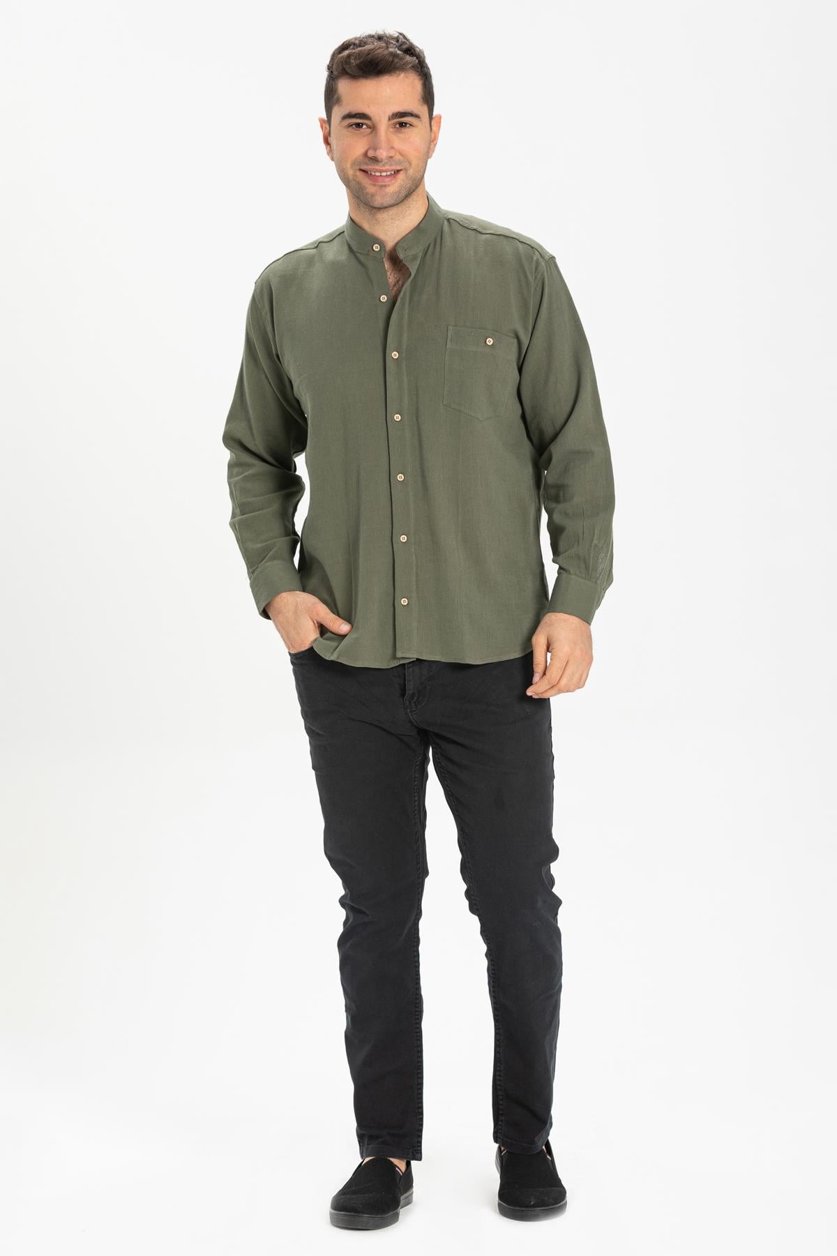 Long Sleeve Sile Fabric Judge Collar Men Shirt Khaki