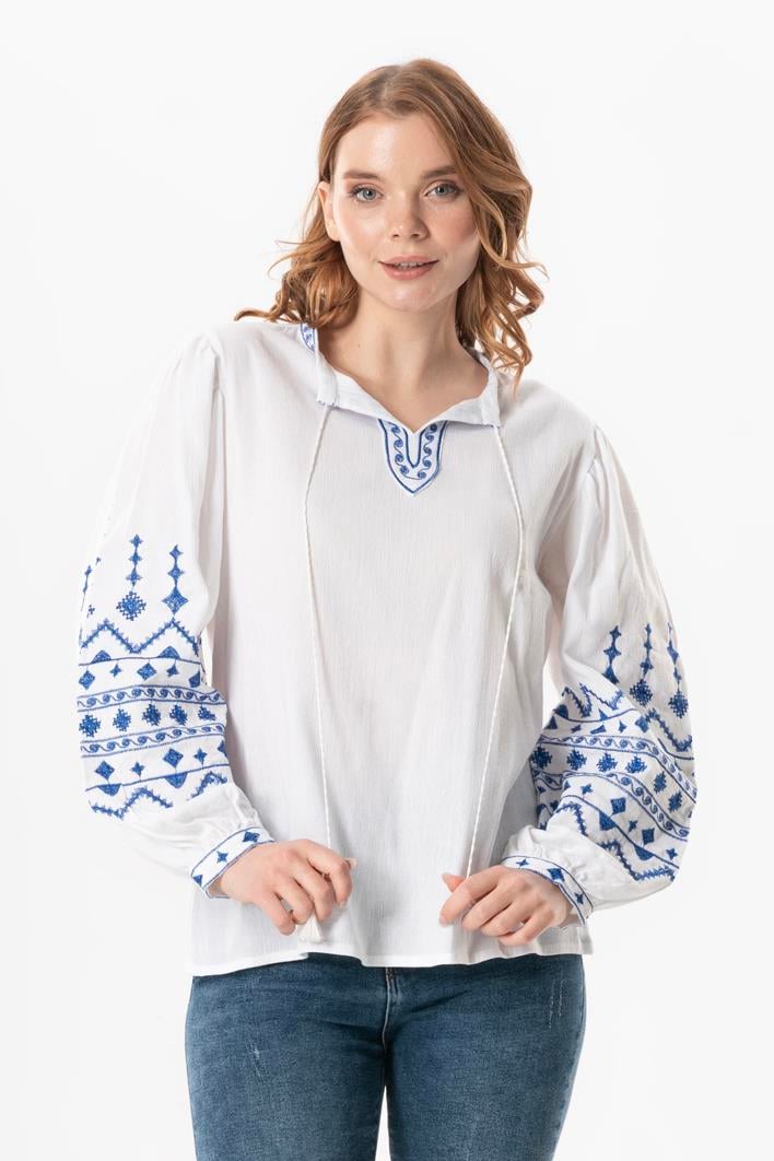 Long Sleeve Sile Cloth İdil V-Neck Embroidered Summer Blouse White