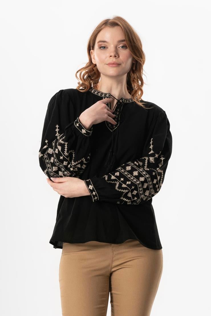 Long Sleeve Sile Cloth İdil V-Neck Embroidered Summer Blouse Black