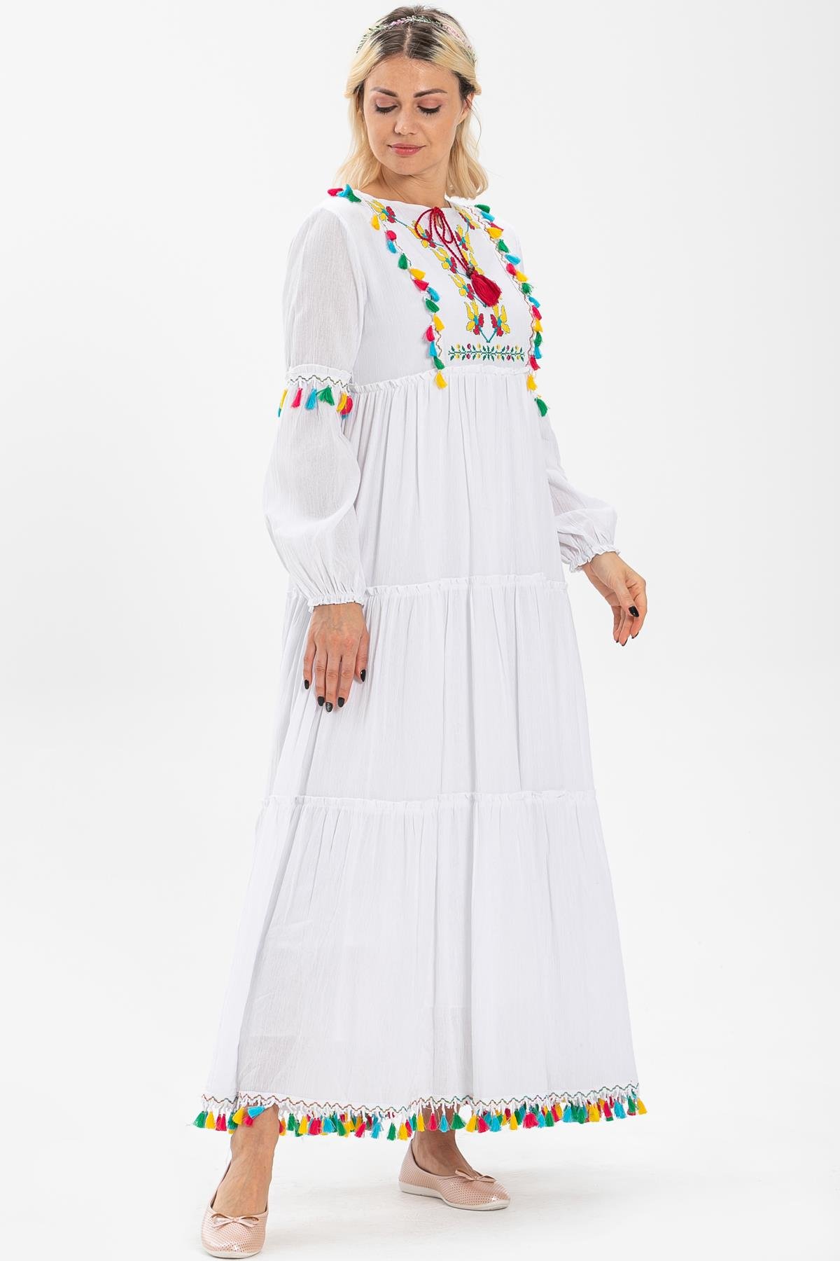 Uzun Kol Şile Bezi İffet Uzun Elbise Beyaz Byz